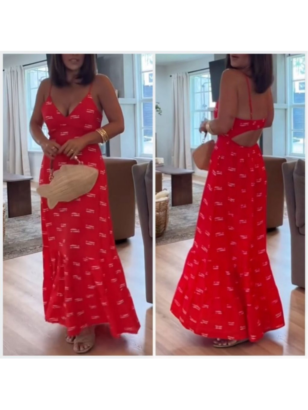 Women's Blogger Favorite A New Day Red & White Sardine Fish Print Maxi Dress L